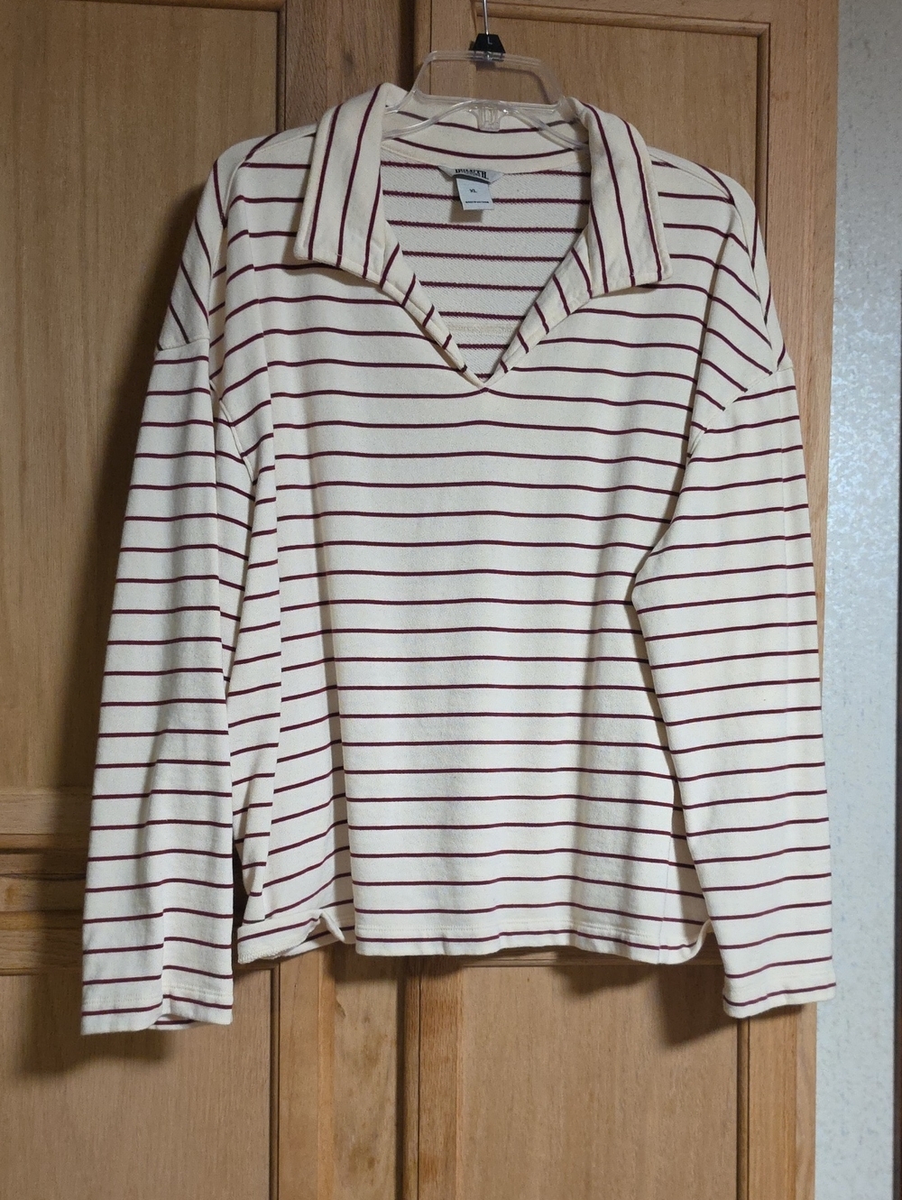 Duluth Trading Co Cream Top with Burgundy Stripes